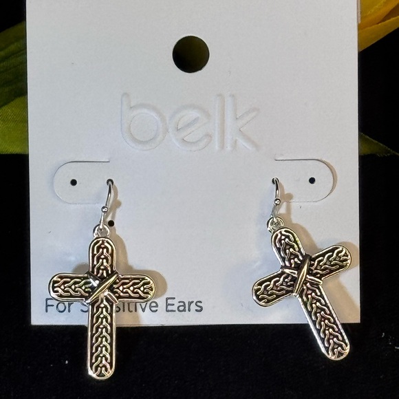 Belk Silver and Black Cross Dangling Earrings 1.5inch - Picture 2 of 8
